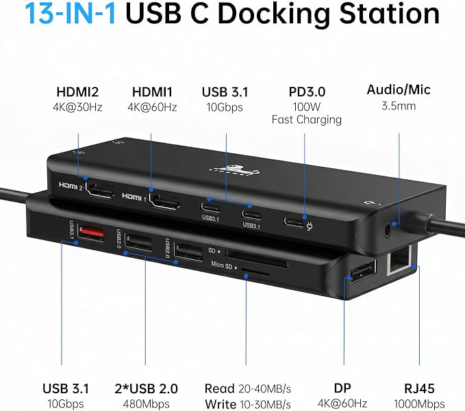 13-in-1 Docking Station Dual Monitor 4K, LIONWEI USB C Dock for Laptop Mac | Dual HDMI+DP, 4K, 10Gbps, 100W PD, Ethernet, Audio, SD/TF, 6 USB C/A Ports, USB C Hub for MacBook/Dell/HP/Lenovo