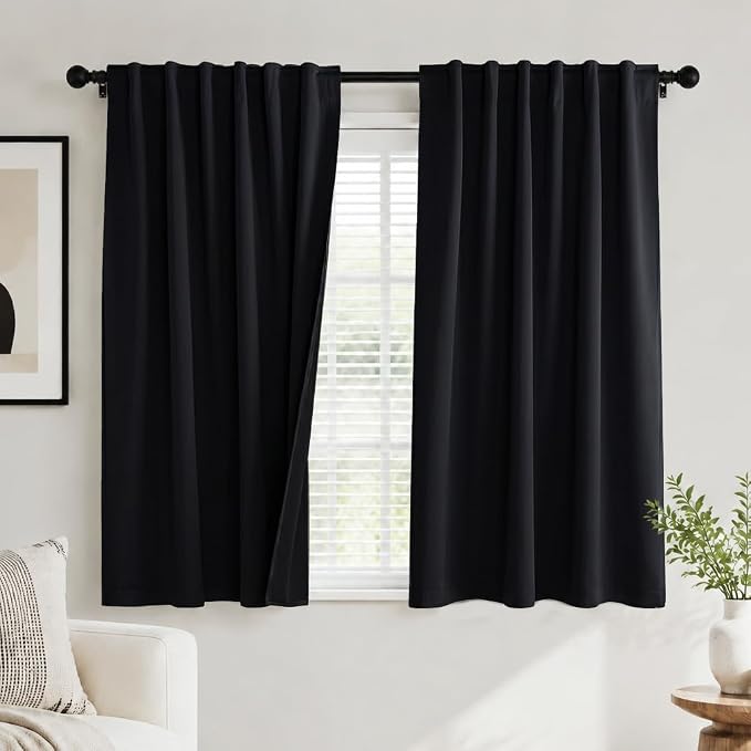 PONY DANCE Black Kitchen Blackout Curtains Over Sink, Short Half Curtains for Bathroom Basement Small Window Decor, Thermal Insulated Light Blocking Bedroom Draperies, W 42 x L 45 inches, 2 Panels Set