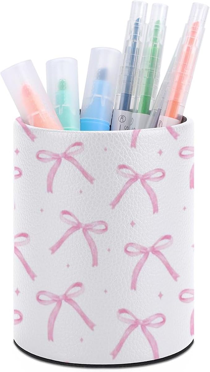 Bow Pen Holder for Desk PU Pencil Cup Organizer | Round Desks Makeup Brush Holder for School Multifunctional Office Supplies
