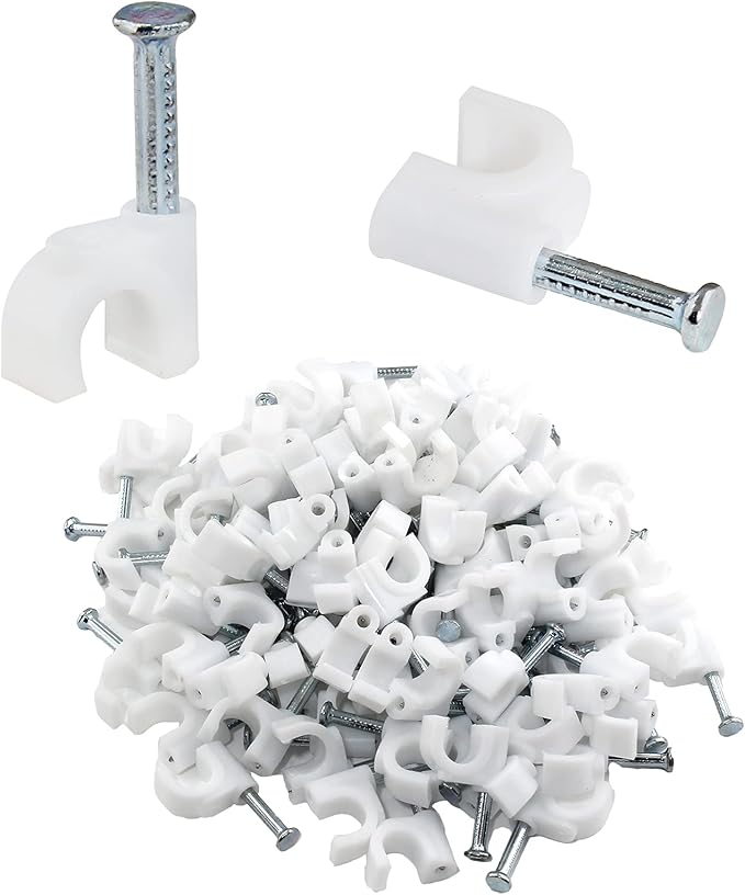 Bonsicoky 100Pcs Nail Cable Clips with Steel Nail, 6mm White Cable Wire Management Clips for Ethernet Cable, Telephone Cable, TV Wire Cable, Print Cable