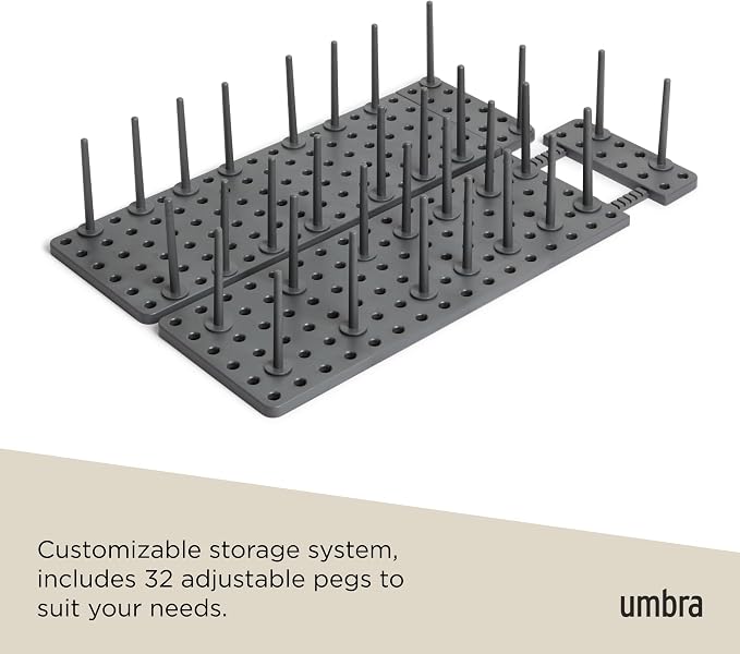 Peggy Kitchen Drawer Cupboard Organizer Tray - Adjustable Storage System For Food Containers, Cookware, Serveware, Utensils and More, Grey | Non-slip feet, fits cabinets or shelves, quick assembly, 32 pegs included, impact-resistant plastic