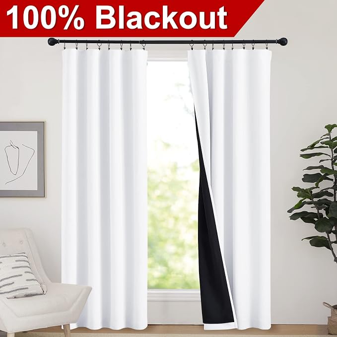 NICETOWN 100% Blackout Curtain Panels, Window Curtains with Black Liner for Nursery, 84 inches Drop Cold and Full Light Blocking Draperies (White, 2 Pieces, 42 inches Wide Each Panel)