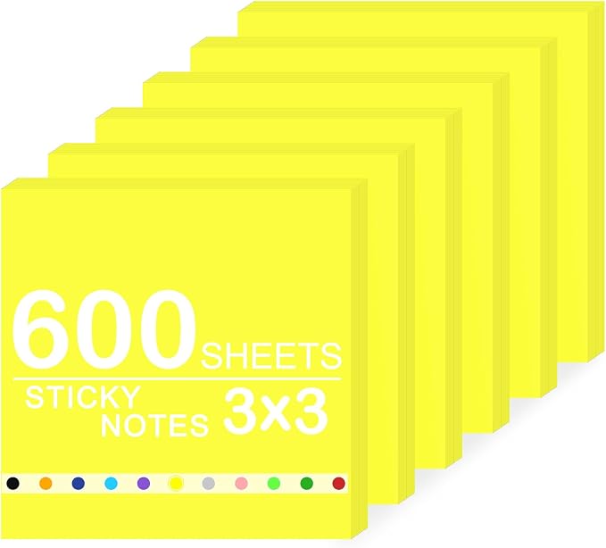 Super Sticky Notes,6 Pads Self-Stick Note Pads 3 x 3 in,600 Sheets Total Sticky Notepad Bulk Post,Office Supplies,School Supplies,Christmas Decor (Bright Yellow, 6 Pads Sticky Notes 3x3)