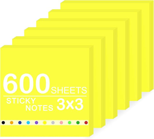 Super Sticky Notes,6 Pads Self-Stick Note Pads 3 x 3 in,600 Sheets Total Sticky Notepad Bulk Post,Office Supplies,School Supplies,Christmas Decor (Bright Yellow, 6 Pads Sticky Notes 3x3)