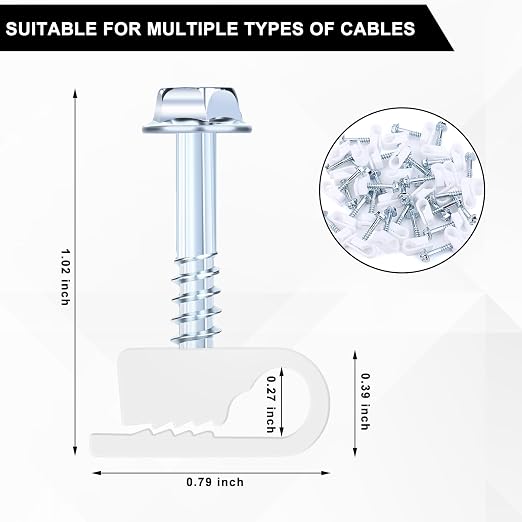 Cable Clips with Screws Fastener 1/4 Inch (6 mm) - All Weather Wire Clips for Coaxial, Ethernet,Electrical Cables,Brick/Stucco Siding Clips, UV-Resistant for Outdoor Wall Mount, 100 Pack,White