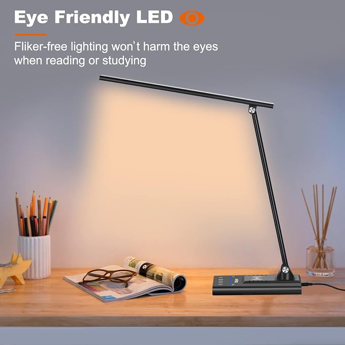 AFROG 5th Gen Multifunctional LED Desk Lamp with 10W Fast Wireless Charger, USB Charging Port,1800Lux Super Bright,5 Lighting Mode,7 Brightness, Touch Control, Auto Timer, 15W Office Table Lamp