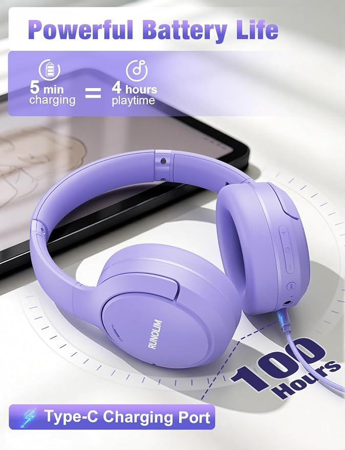 RUNOLIM Hybrid Active Noise Cancelling Headphones, Wireless Over Ear Bluetooth Headphones with Microphone, 100H Playtime, Foldable Headphone with HiFi Audio, Deep Bass for Home Travel Office（Purple）