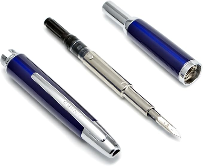 Jinhao 10 Press Fountain Pen with Box, Dark Blue Retractable Fine Nib with Ink Converter Set (Silver Clip)