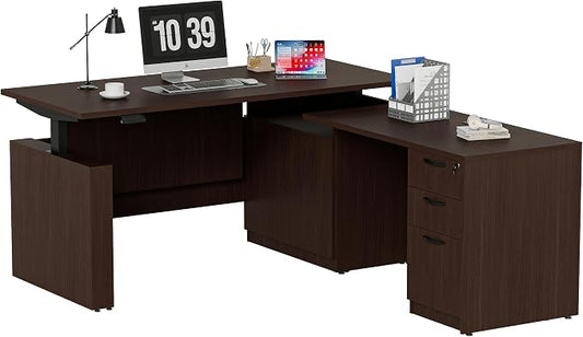 66.93" L Shaped Executive Standing Desk with Pre-Assembled Frame & Lockable Cabinets, Fixed Right-Facing Design, Dual-Motor Height Adjustable Desk for Corporate & Home Office (Espresso-Right-Fix)
