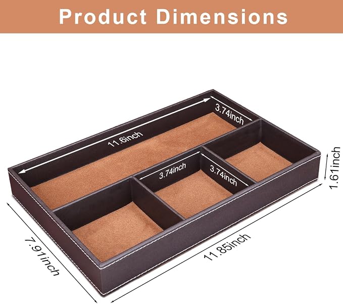 Pu Leather Desk Organizer Tray, 4 Compartment Office Storage Supplies Stationery Drawer Tray, Nightstand Bedside Tray for Key, Wallet, Watch, Coin, Phone Valet Tray Stackable