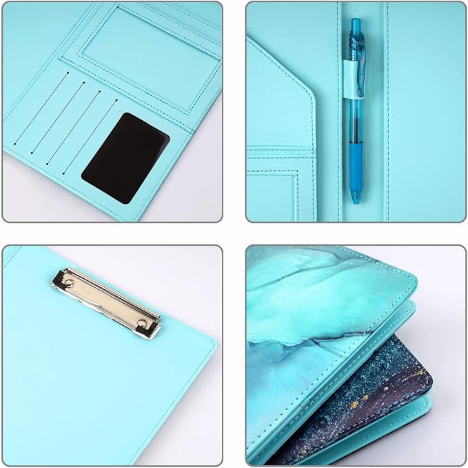 Padfolio Business, Resume Portfolio Folder, Leather Interview Organizer with Legal Pad Clipboard for Men Women, Blue Marble