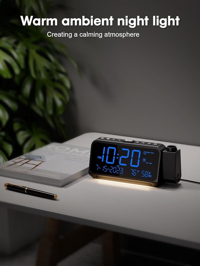 ROCAM Projection Alarm Clock with 180° Ceiling Projector & Digital Display | 5-Level Dimmer, Dual Alarms, Night Light, Temp & Humidity Display, Weekday/Weekend Mode, DST, Snooze Function for bedroom