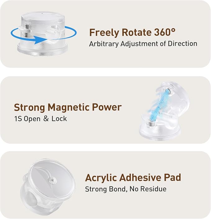 AGPTEK 8 Pack Magnetic Cable Clips, 360° Rotatable Cord Holder, Clear | Cable Holder for Nightstand, Desk Cord Organizer Adhesive Wire Management Home Phone Charging Cords USB Cable Keeper