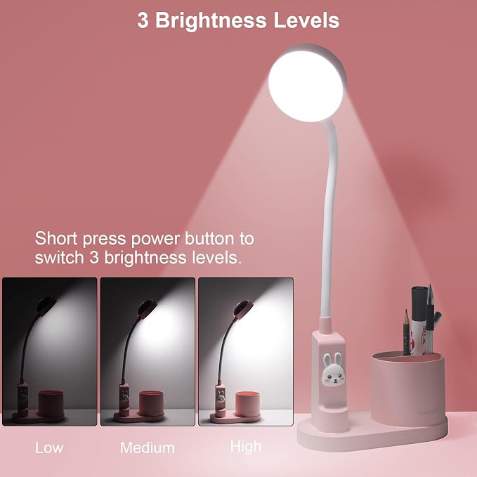 Pink Desk Lamp for Home Office, Touch Small Table Light for Kids | Eye-Care Dimmable Bedside Reading Light, Flexible Gooseneck, Star Projector Night Light with Pen Holder for College Dorm