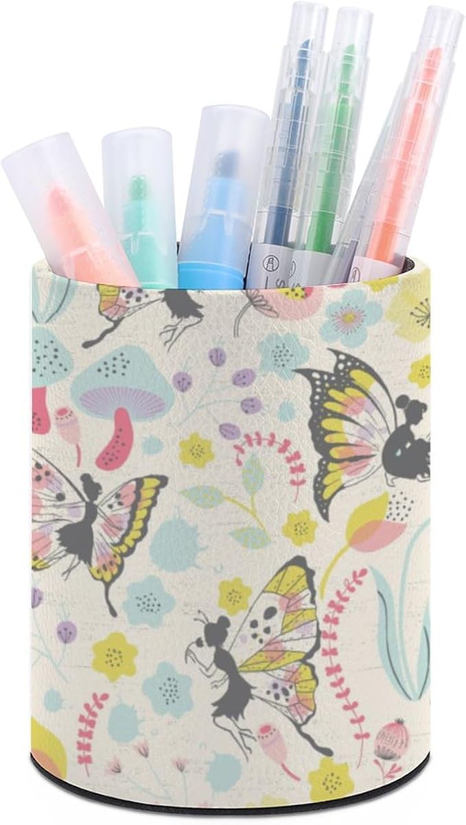 Butterfly Pen Holder for Desk PU Pencil Cup Organizer | Round Desks Makeup Brush Holder for School Multifunctional Office Supplies