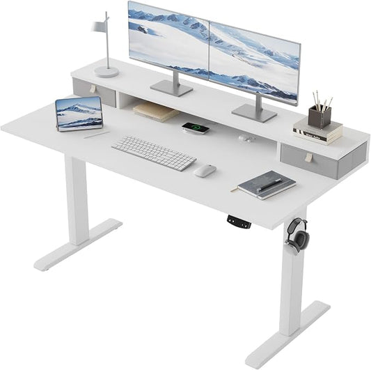 Klicelor 55 x24 Inch Electric Standing Desk with Drawers, Adjustable Height Small Sit Stand Desk for Home Office, Compact Computer Workstation with Storage– White