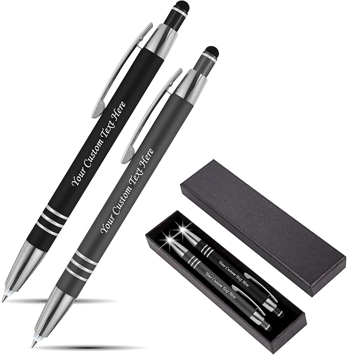 Personalized Pen Gift Set, 2 Rubberized Metal Luxury Ballpoint Pens +Night Writer LED Flashlight +Stylus +Gift Box, Custom Engraved Name,logo,or text Black/Grey