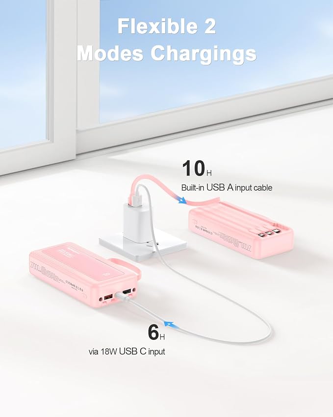 Portable Charger with Built-in Cables, 27000mAh Slim 30W Fast Charging Power Bank with LED Display, USB C Battery Pack 6 Outputs & 2 Inputs, Travel Essential Charger for iPhone, Samsung, Google etc