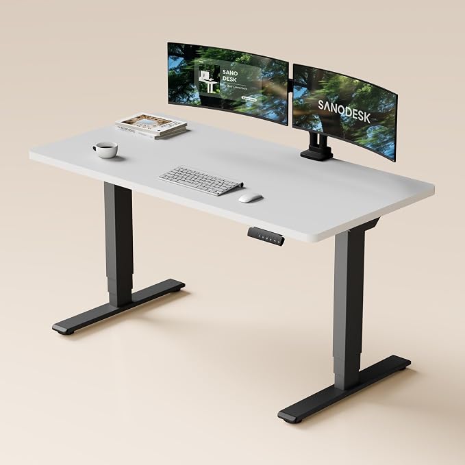 SANODESK Dual Motor Standing Desk 220lbs Height Adjustable Desk | 55"x28" Spacious One-Piece White Desktop & Black Frame, 4 Memory Presets, 3-Stage Legs, 220lbs, 2-Box for Home & Office
