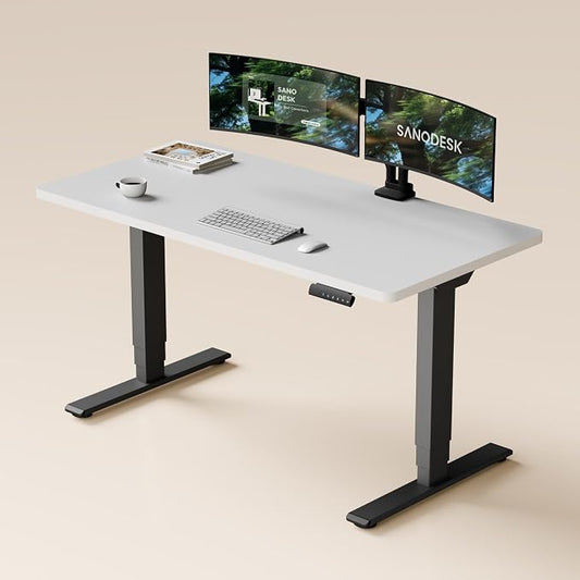 SANODESK Dual Motor Standing Desk 220lbs Height Adjustable Desk | 55"x28" Spacious One-Piece White Desktop & Black Frame, 4 Memory Presets, 3-Stage Legs, 220lbs, 2-Box for Home & Office