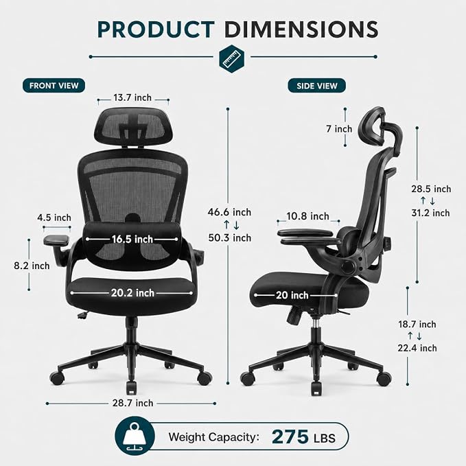 Ergonomic Office Chair, Home Office Desk Chairs with Adjustable Lumbar Support and Headrest, High Back Mesh Computer Desk Chair with 3D Flip-up Armrests & 360° Swivel Wheels, 275 LBS