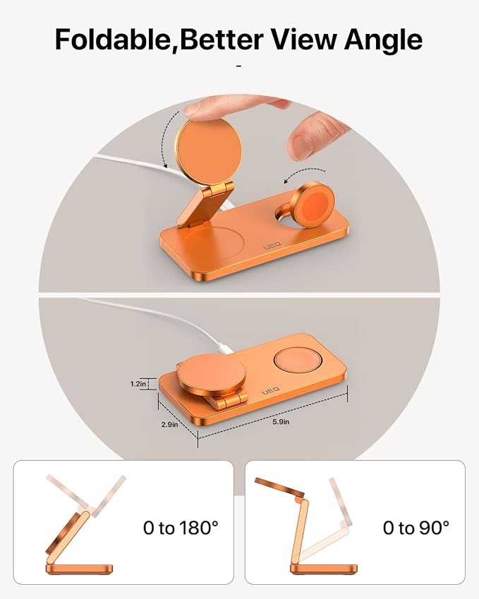 UEQ Foldable 3 in 1 Wireless Charging Station for Apple Mag Safe Charger Stand,Fast Magnetic Wireless Charger Station for iPhone 17 Air 16 15 14 13 12 Series,Airpods Pro,Apple Watch Ultra (Orange)