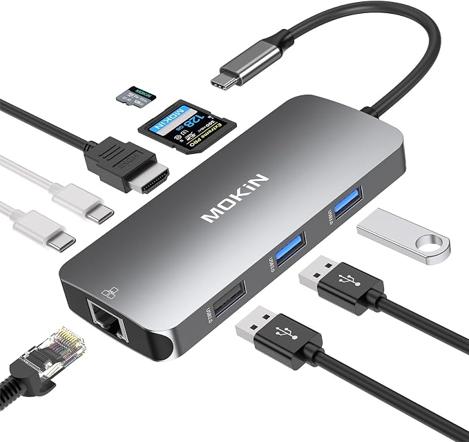 USB C Adapters for MacBook Pro/Air,Mac Dongle with 3 USB Port,USB C to HDMI, USB C to RJ45 Ethernet,MOKiN 9 in 1 USB C to HDMI Adapter,100W PD Charging, USBC to SD/TF Card Reader USB C Hub