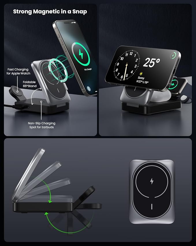 3 in 1 Wireless Charger Charging Station for iPhone,Travel Foldable Magnetic 15W Fast Wireless Charger Stand for Mag-Safe with 30W USB C Adapter for iPhone 17/16/15/14/13/12,Apple Watch,AirPods