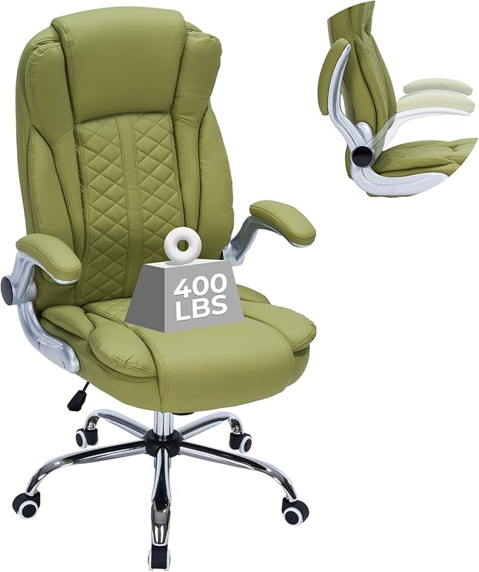 400lbs Executive Office Chair with Flip-Up Armrests, Big and Tall Computer Chair for Heavy People, Heavy Duty Ergonomic Comfy Chair, Breathable PU Leather (Green)