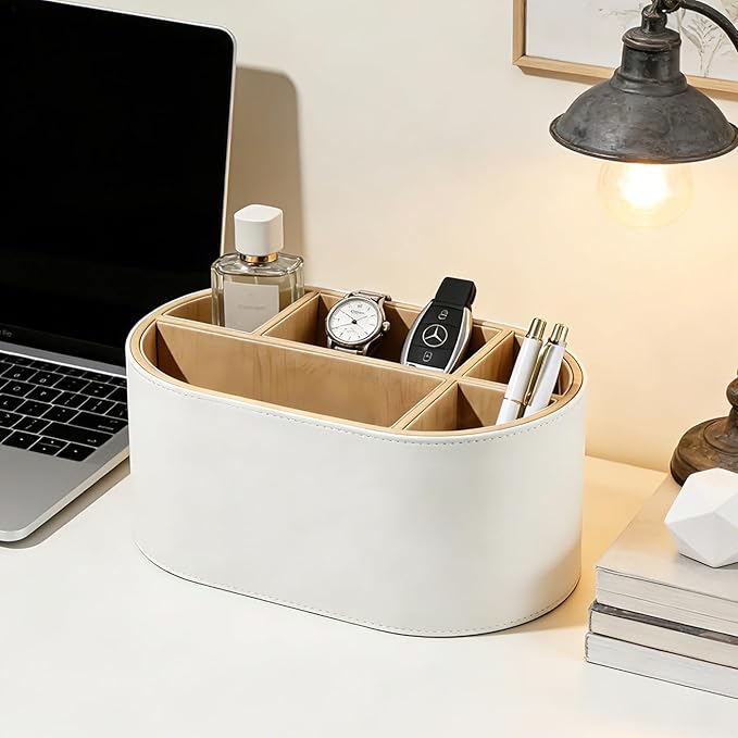 KINGFOM PU Leather Desk Organizer with Multi Compartments, Desktop Caddy Holder for Remote Controls, Pens, Makeup Brushes, Office Accessories (Beige)