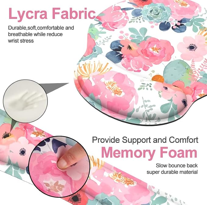 Ergonomic Mouse Pad with Wrist Rest and Keyboard Wrist Rest, Mousepad and Wrist Rest for Computer Keyboard, Pain Relief, Non-Slip Rubber Base, Mouse Pad Wrist Support for Gaming, Office, Pink Flower