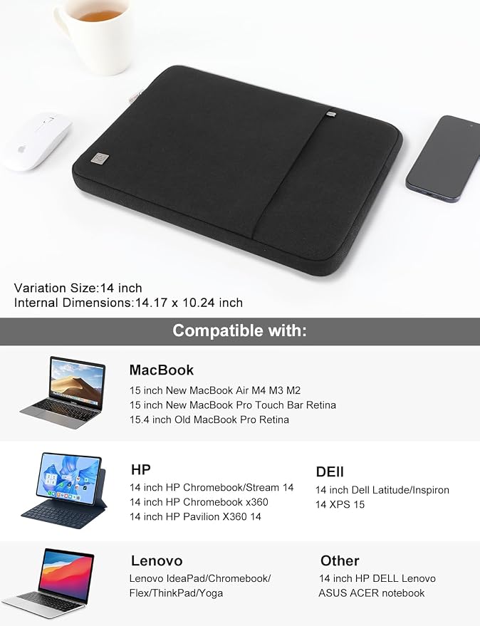 DOMISO Laptop Case Laptop Sleeve Cover Compatible with 15 inch MacBook Air M4/A3241 2025, M3/A3114,M2/A2941,15 inch MacBook Pro A1990 A1707,Compatible with Dell XPS 15 Plus with Pocket, Black