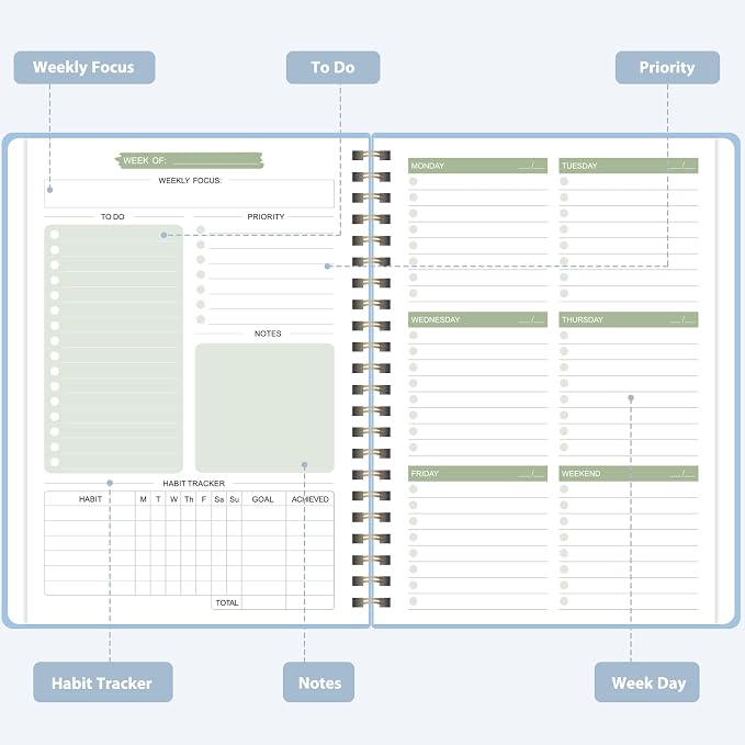 Undated Weekly Planner, Weekly To Do List Notebook with Goal, Organizer & Habit Tracker, A5 Daily Planner with Spiral Binding, Ideal for Office School Suppies