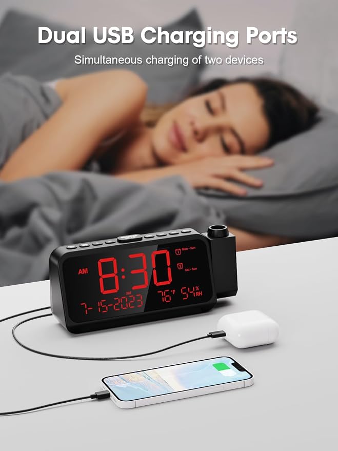 ROCAM Projection Alarm Clock with 180° Ceiling Projector & Digital Display | 5-Level Dimmer, Dual Alarms, Night Light, Temp & Humidity Display, Weekday/Weekend Mode, DST, Snooze Function for bedroom