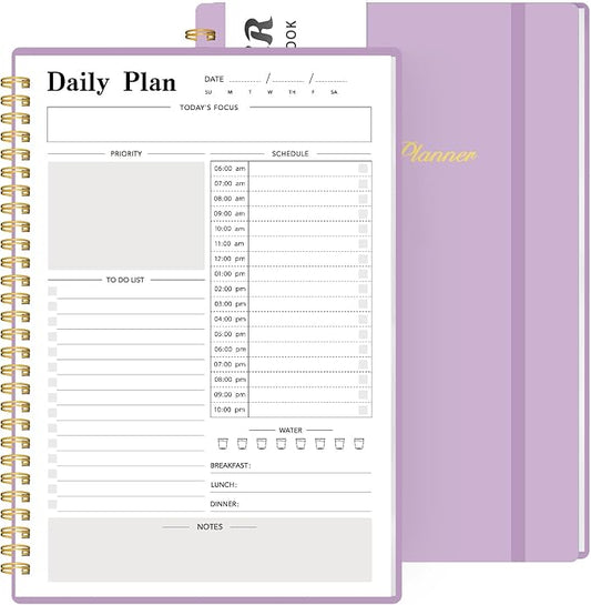 Daily Planner Undated, To-Do List Notebook with Hourly Schedule, Spiral Appointment Organizer Calendar for Man / Women, Flexible Cover, Twin-Wire Binding Elastic Closure, Pocket Pen Loop, 160 Pages