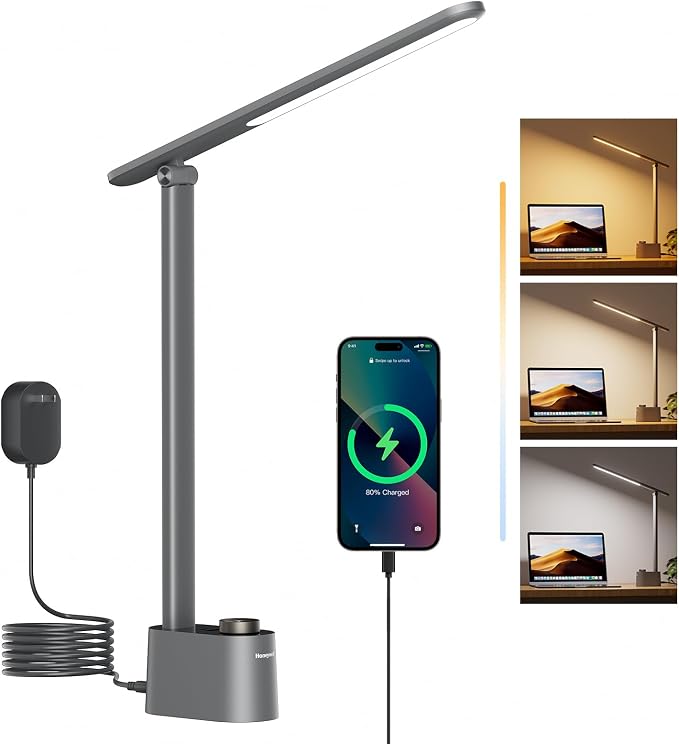 Honeywell LED Desk Lamp-Upgraded H01 Desk Lamps for Home Office with USB A+C Charging Ports,Stepless Dimmable Eye Caring Foldable Desk Light for Bedroom Bedside College Dorm(Grey)