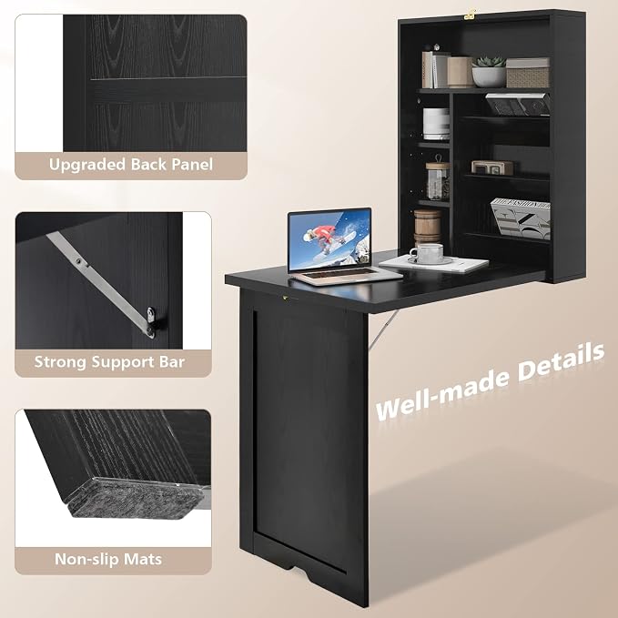 GOFLAME Wall Mounted Folding Desk with 3-Tier Tilt Storage Partition and Adjustable Shelves, Space-Saving Convertible Writing Desk for Home Office, Black