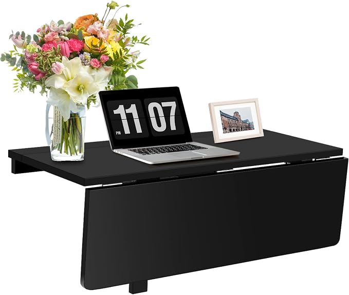 COSTWAY Wall Mounted Folding Table, 31.5" x 23.5" Drop-Leaf Floating Writing Desk for Small Spaces, Space-Saving Fold Down Laptop Workstation for Kitchen, Bedroom, Laundry Room, Study Room (Black)