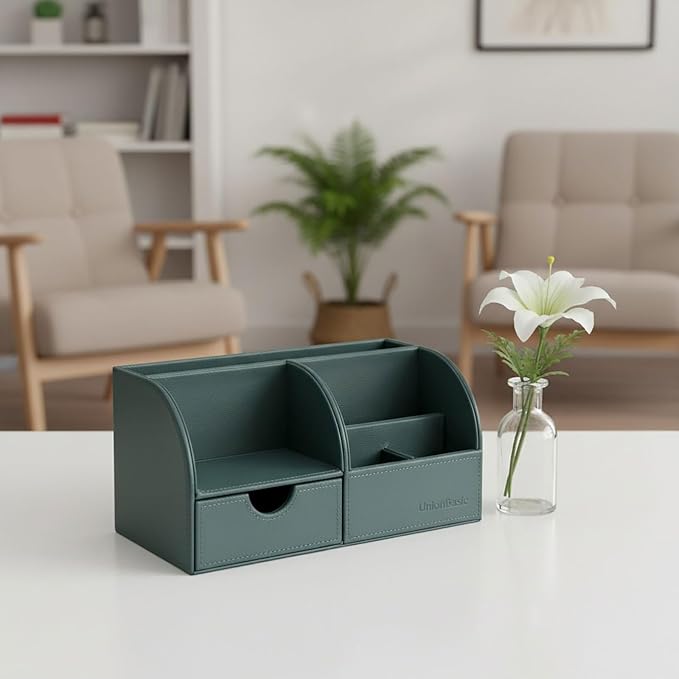 UnionBasic Desk Organizer - Multifunctional Leather Desktop Pen Holder Storage Box - Business Card/Pen/Pencil/Mobile Phone/Stationery Holder, Dark Ivy