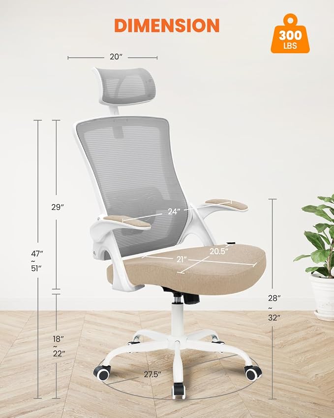NEO CHAIR Office Chair High Back Desk Mesh Chair Comfy Computer Gaming Seat with Adjustable Ergonomic Headrest Lumbar Rolling Flip-up Armrests and Wheels (Beige)