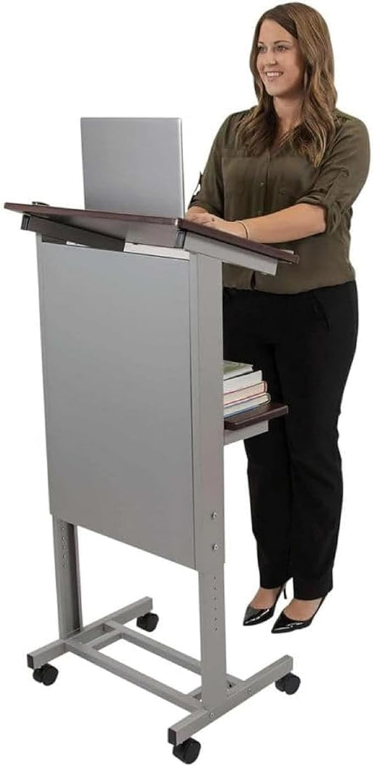 Stand Up Adjustable Height Lectern Podium | Rolling Desk with Storage Shelf | Ergonomic Standing Desk Frame for Office, Classroom, Laptop, Teaching, Presentations & More (Dark Walnut)