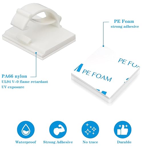 Adhesive Cable Holder Management Wire Clips 50 Pcs White，Suitable for Cables with a Diameter of ≤ 6mm in Cars, Houses, and Offices