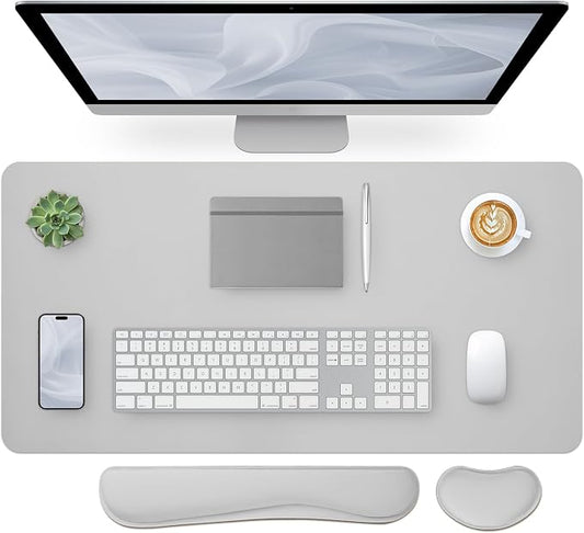Bloss Leather Desk Pad and Keyboard Wrist Rest, Large Mouse Pad + Keyboard Pad+Mouse Wrist Support, Non-Slip Desk Mat Protector for Office, Home(35.4×15.7 Inches, Light Grey)