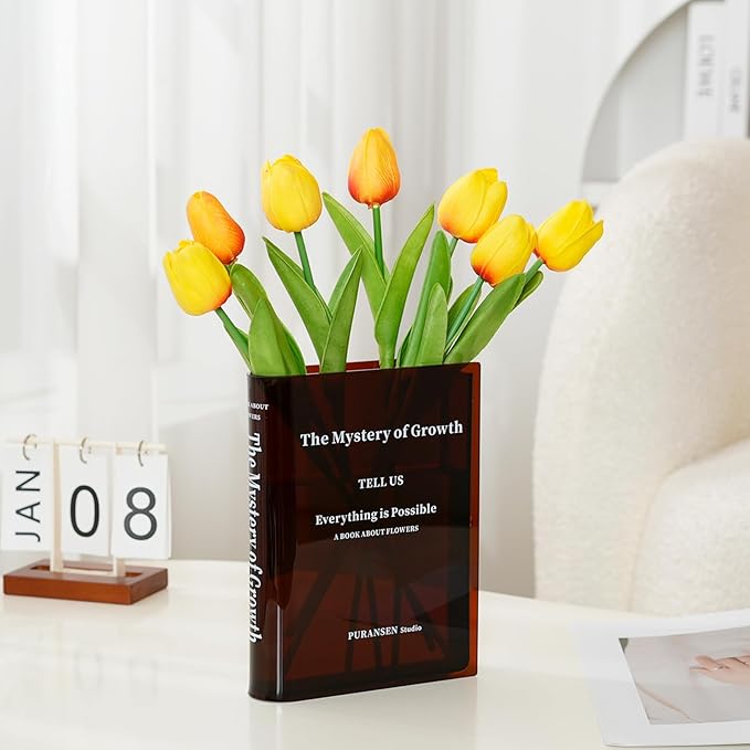 Puransen Brown Book-Shaped Vase for Flowers - Aesthetic Room Decor for Modern Home/Office, Minimalist Shelf Organizer with Floral Display, for Book Lovers & Interior Design Enthusiasts