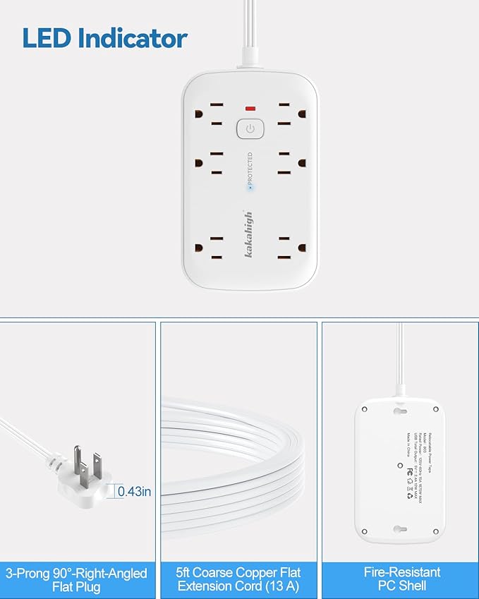 Extension Cord with Outlet Cover & Multi USB- 5 FT, Ultra Thin Plug Concealer with Cord & 12AC Outlet 6 USB (24W/4.8A), Charging Station for Multiple Devices, for Behind Wall Furniture Couch Sofa TV