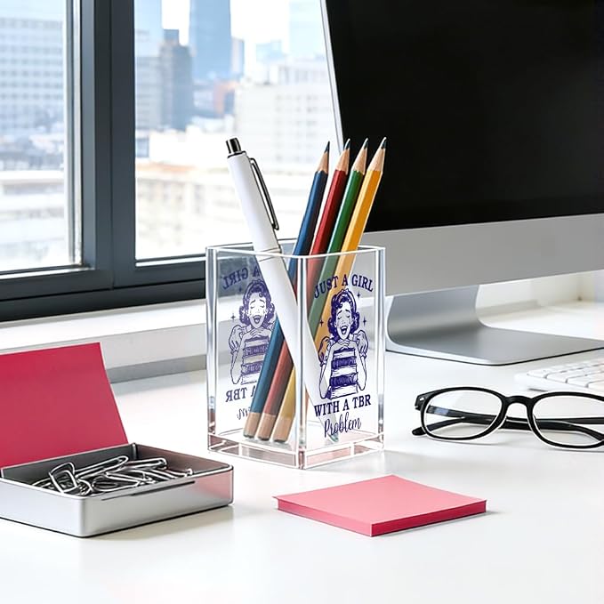 Just A Girl With A TBR Problem Acrylic Pencil Pen Holder Cup, Reading Book Club Makeup Brush Storage Organizer, Bookish Desk Accessories Holder Gifts for Daughter Librarian Teacher Holders