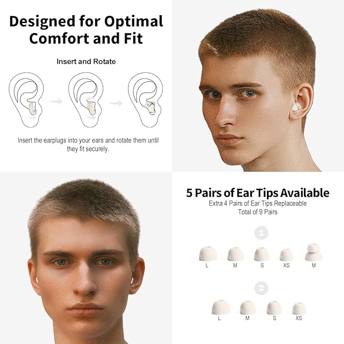 Ear Plugs for Sleeping Ultra-Soft Silicone Earplugs for Noise Cancelling Concerts Reusable Noise Reduction Earbuds for Travel Focus 33dB Hearing Protection with 9 Ear Tips & Case (Off-White)