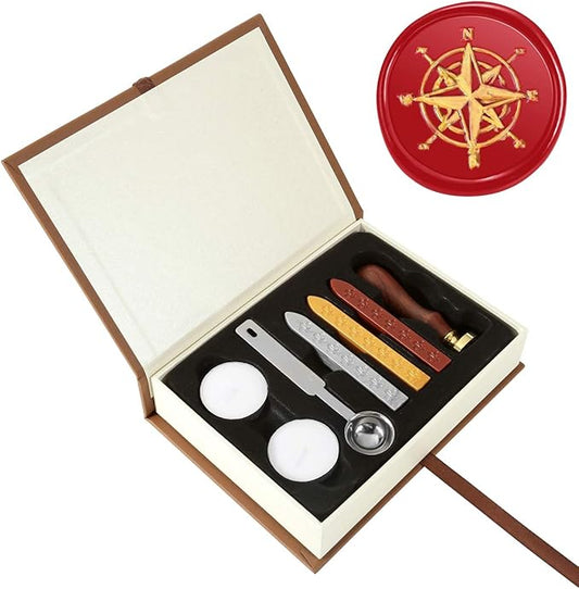 Yoption Wax Seal Stamp Kit, Compass Sealing Stamp with Gold Red Silver Sealing Wax Sticks Gift Box Set for Invitations, Cards, Letters, Gift Idea
