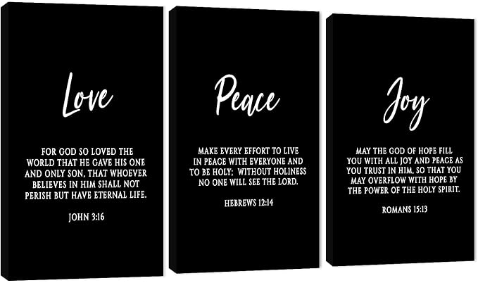 3 Piece Inspirational Wall Art, Black Sayings Prints Picture, Quotes "Love Peace Joy" Motivational Canvas Art for Religious Decor Gifts, Stretched And Framed Artwork for Home Wall Decor (72"Wx36" H)