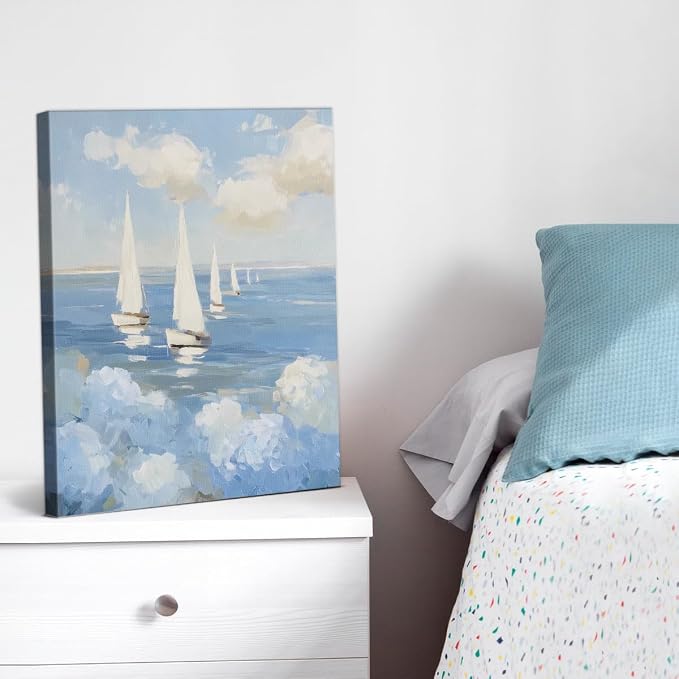 Coastal Ocean Hydrangea Wall Art Decor Nautical Sailboat Picture Painting Artwork Blue Ocean Wall Decor for Home Beach Room Bedroom 8x10 Canvas Framed